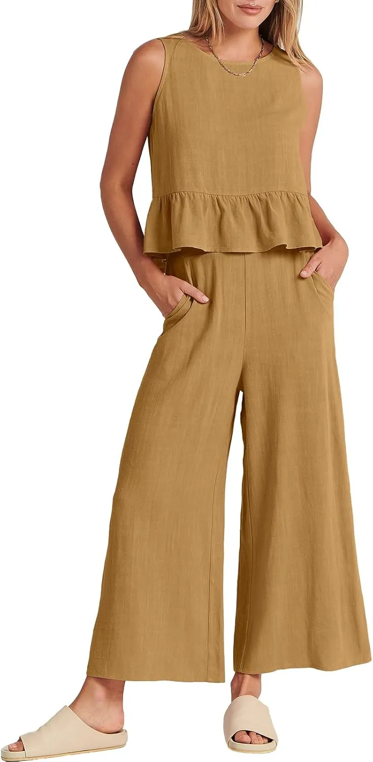 ANRABESS Women Summer 2 Piece Outfits Sleeveless Tank Crop Top Wide Leg Pants Linen Jumpsuits Lounge Matching Beach Sets