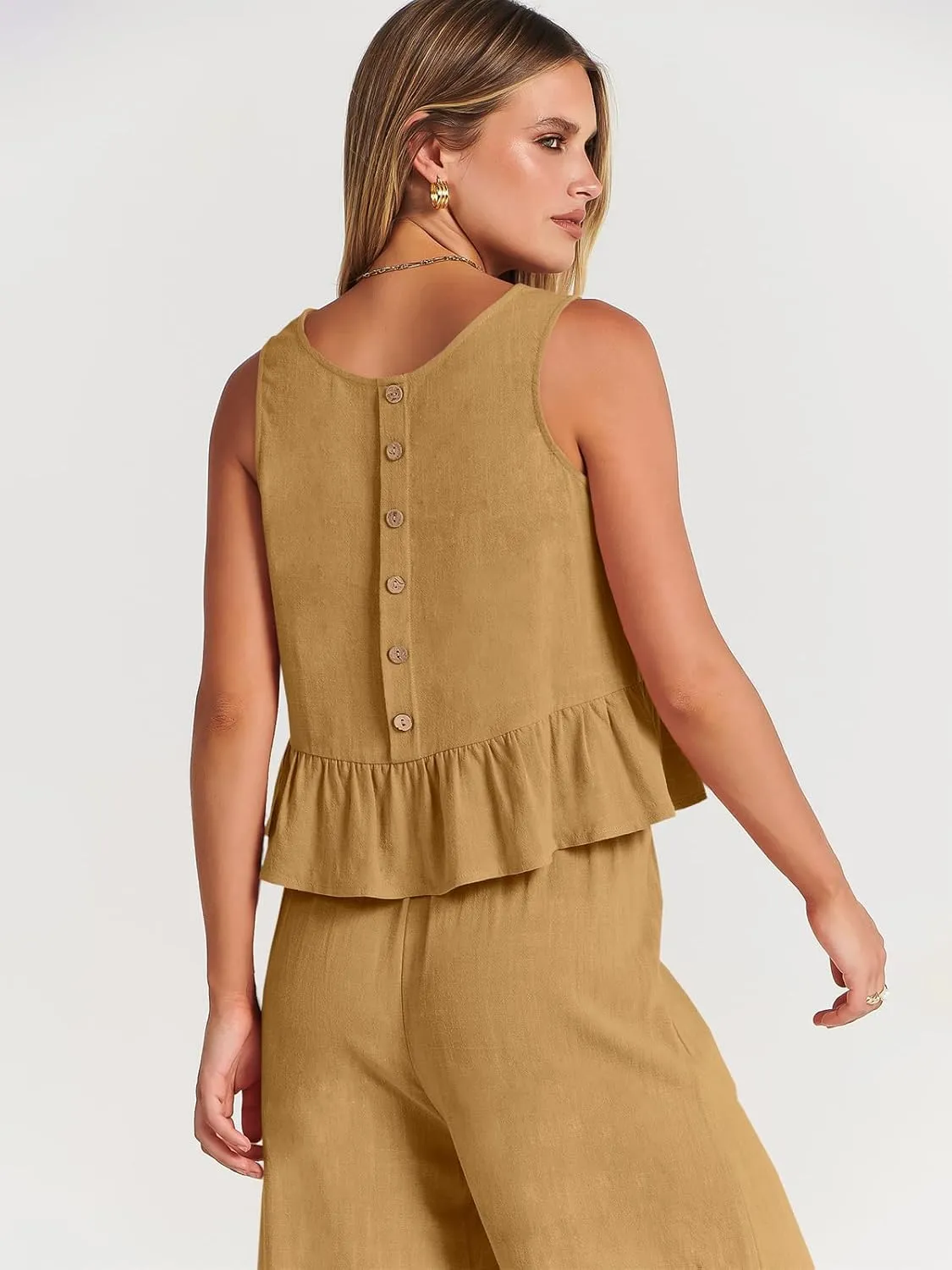 ANRABESS Women Summer 2 Piece Outfits Sleeveless Tank Crop Top Wide Leg Pants Linen Jumpsuits Lounge Matching Beach Sets