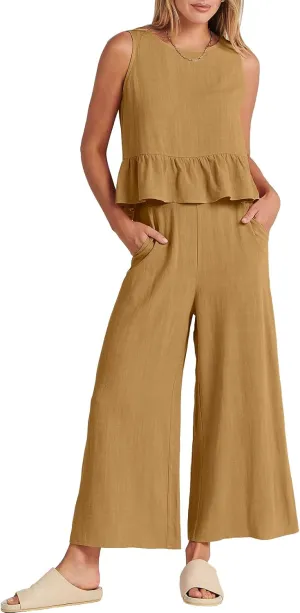 ANRABESS Women Summer 2 Piece Outfits Sleeveless Tank Crop Top Wide Leg Pants Linen Jumpsuits Lounge Matching Beach Sets