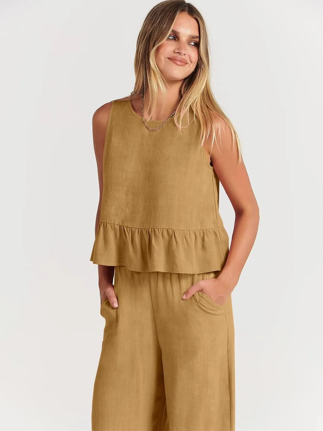 ANRABESS Women Summer 2 Piece Outfits Sleeveless Tank Crop Top Wide Leg Pants Linen Jumpsuits Lounge Matching Beach Sets