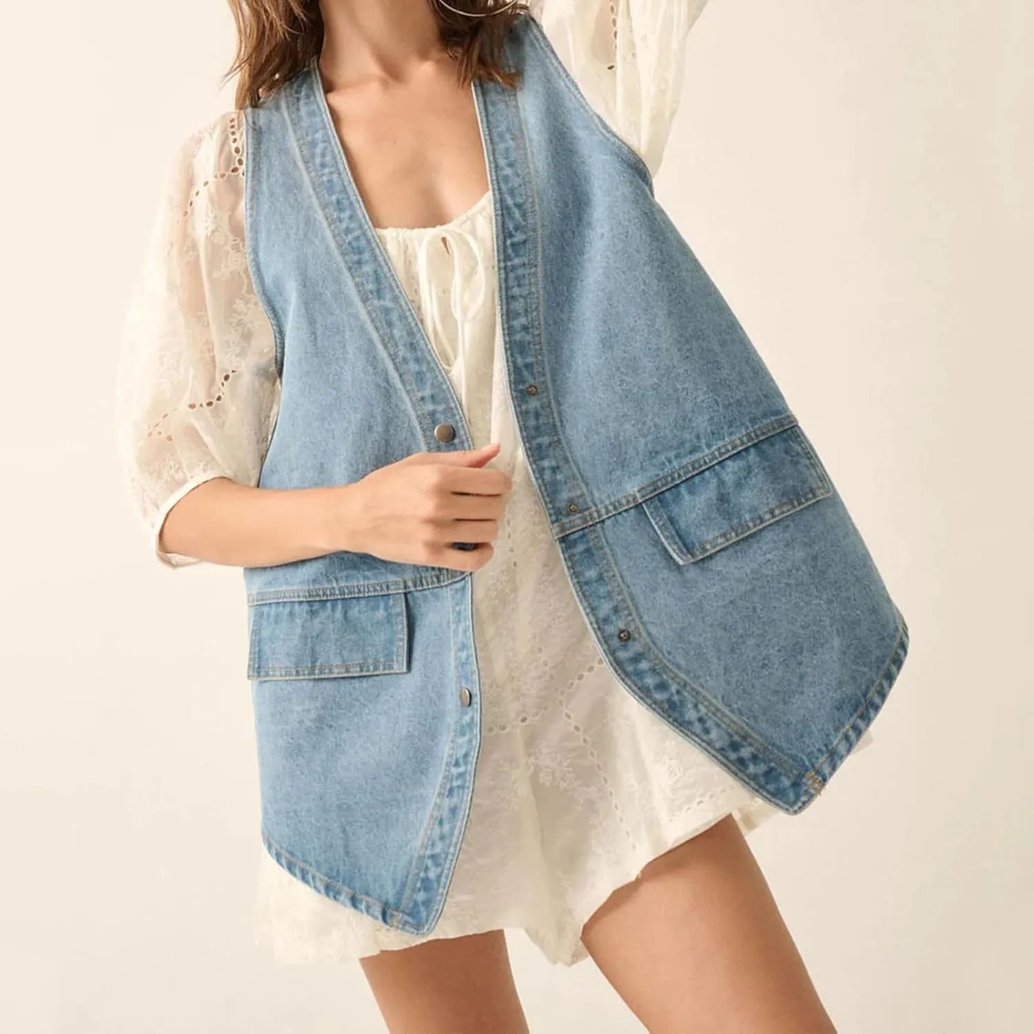 Aopwsrlyi Women's Long Denim Vest Sleeveless Button Down V Neck Jean Jacket Oversized Denim Vests
