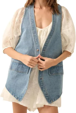 Aopwsrlyi Women's Long Denim Vest Sleeveless Button Down V Neck Jean Jacket Oversized Denim Vests
