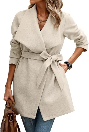 AOVDE Women's Winter Wool Coat: Classic Lapel Collar Jacket - Casual Mid-Long Open Front Blend Overcoat With Belt