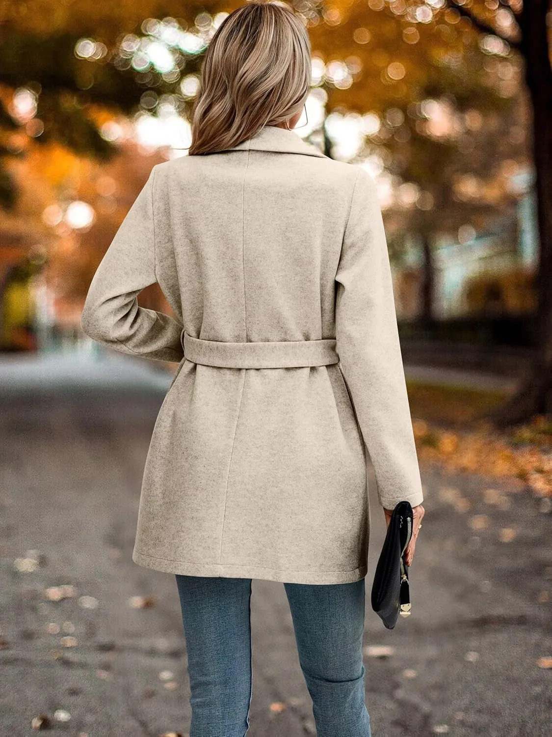 AOVDE Women's Winter Wool Coat: Classic Lapel Collar Jacket - Casual Mid-Long Open Front Blend Overcoat With Belt