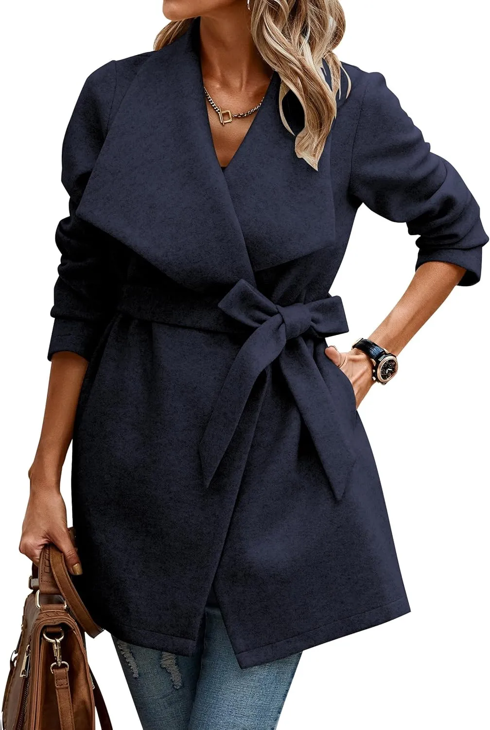 AOVDE Women's Winter Wool Coat: Classic Lapel Collar Jacket - Casual Mid-Long Open Front Blend Overcoat With Belt