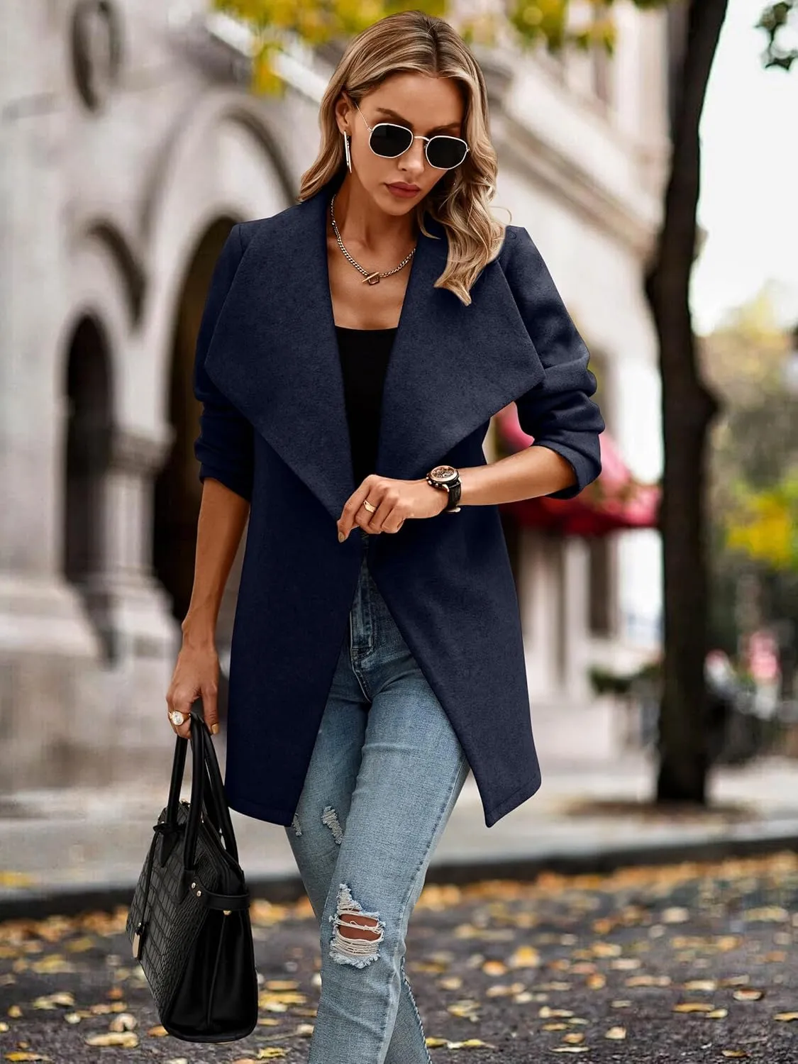 AOVDE Women's Winter Wool Coat: Classic Lapel Collar Jacket - Casual Mid-Long Open Front Blend Overcoat With Belt