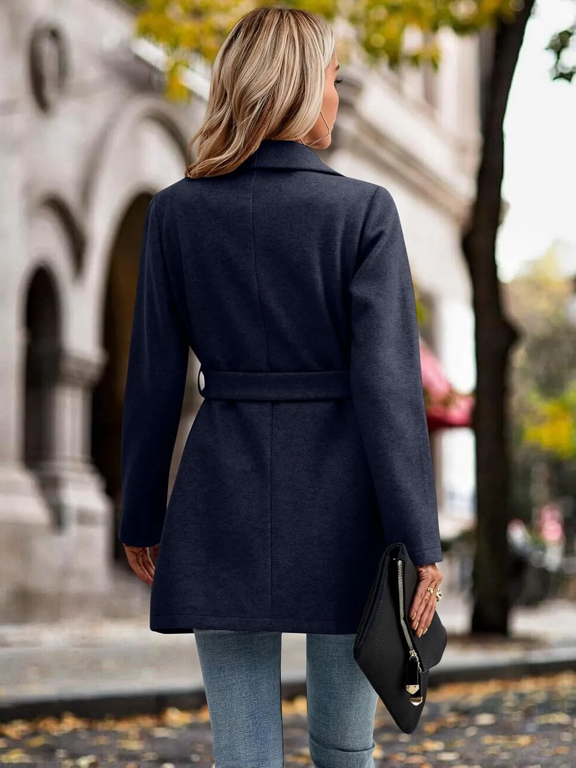AOVDE Women's Winter Wool Coat: Classic Lapel Collar Jacket - Casual Mid-Long Open Front Blend Overcoat With Belt