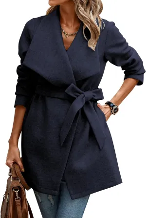 AOVDE Women's Winter Wool Coat: Classic Lapel Collar Jacket - Casual Mid-Long Open Front Blend Overcoat With Belt