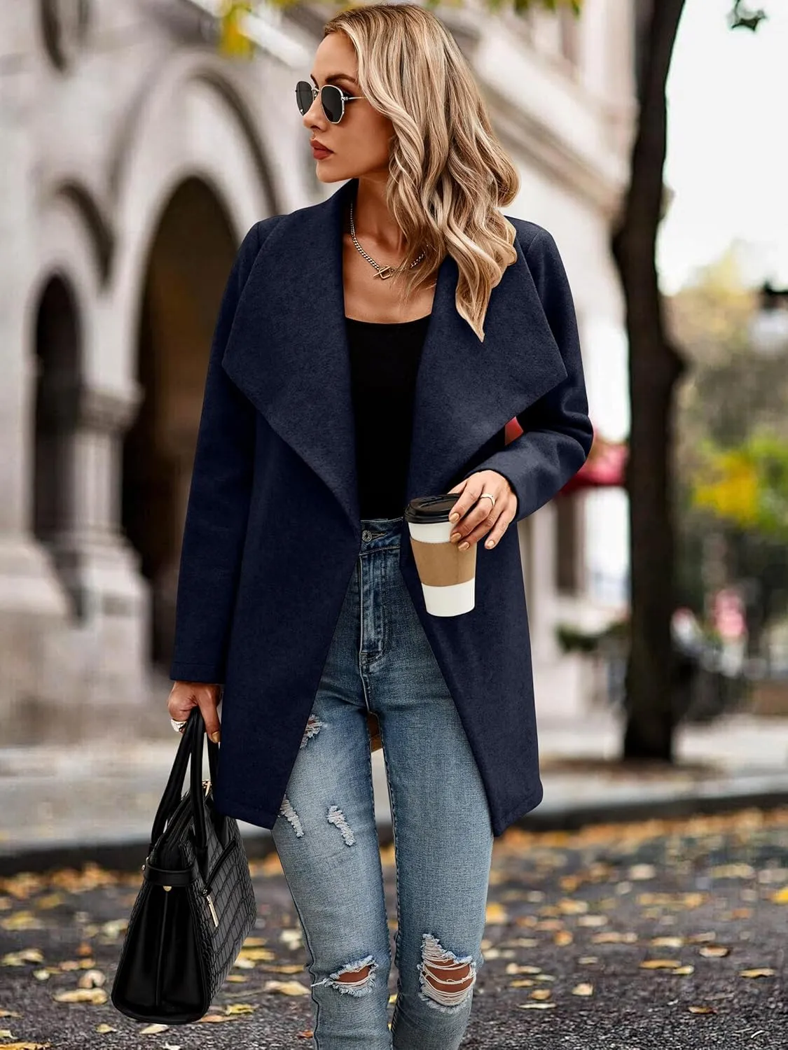 AOVDE Women's Winter Wool Coat: Classic Lapel Collar Jacket - Casual Mid-Long Open Front Blend Overcoat With Belt
