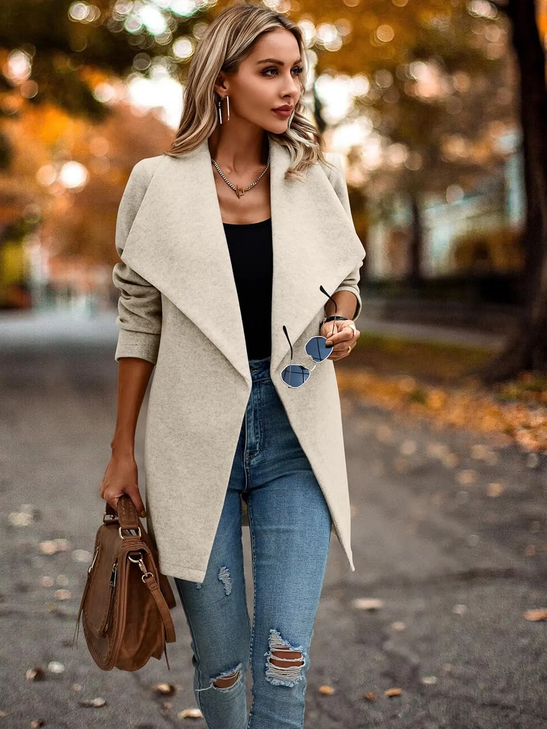 AOVDE Women's Winter Wool Coat: Classic Lapel Collar Jacket - Casual Mid-Long Open Front Blend Overcoat With Belt