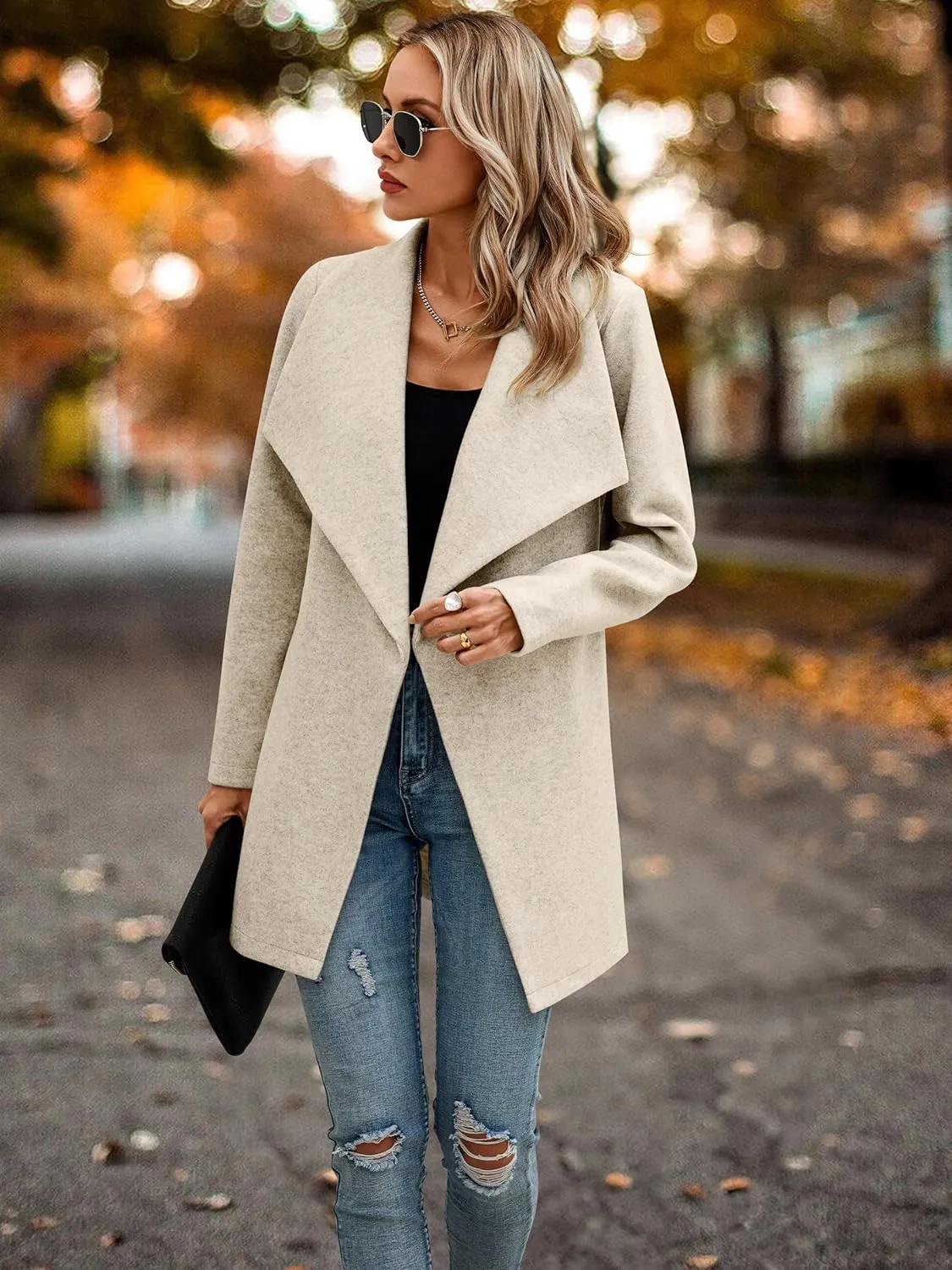 AOVDE Women's Winter Wool Coat: Classic Lapel Collar Jacket - Casual Mid-Long Open Front Blend Overcoat With Belt