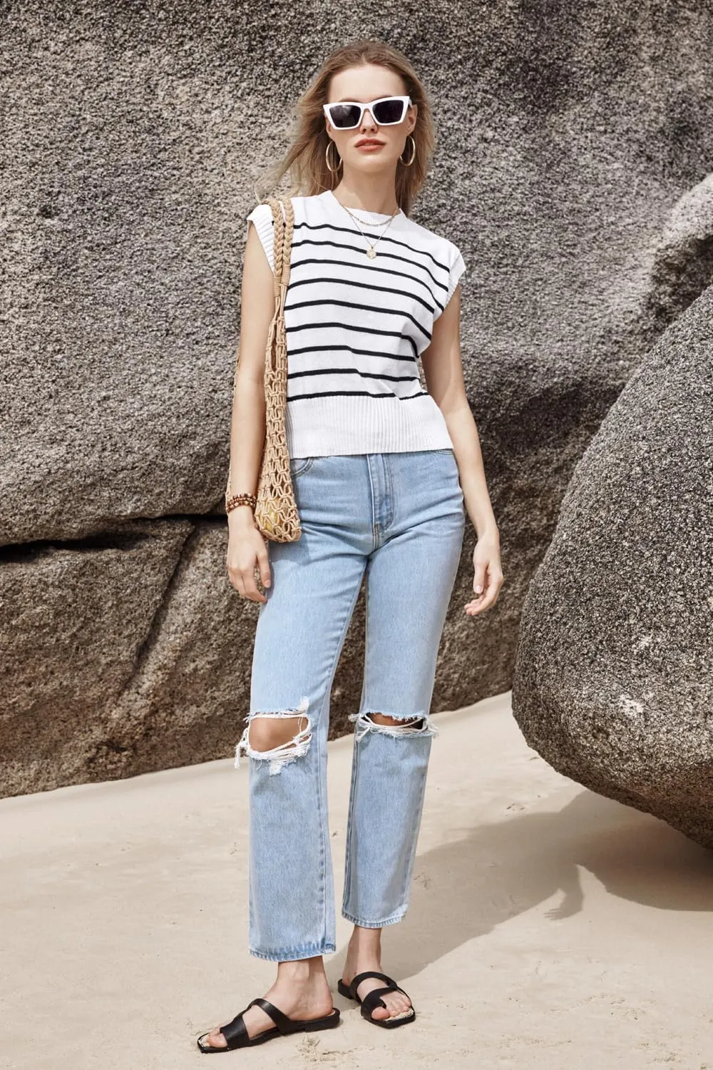 Arach&Cloz Womens Summer 2024 Sweater Vest Cap Sleeve Crew Neck Striped Fashion Casual Sleeveless Fall Tops Clothes