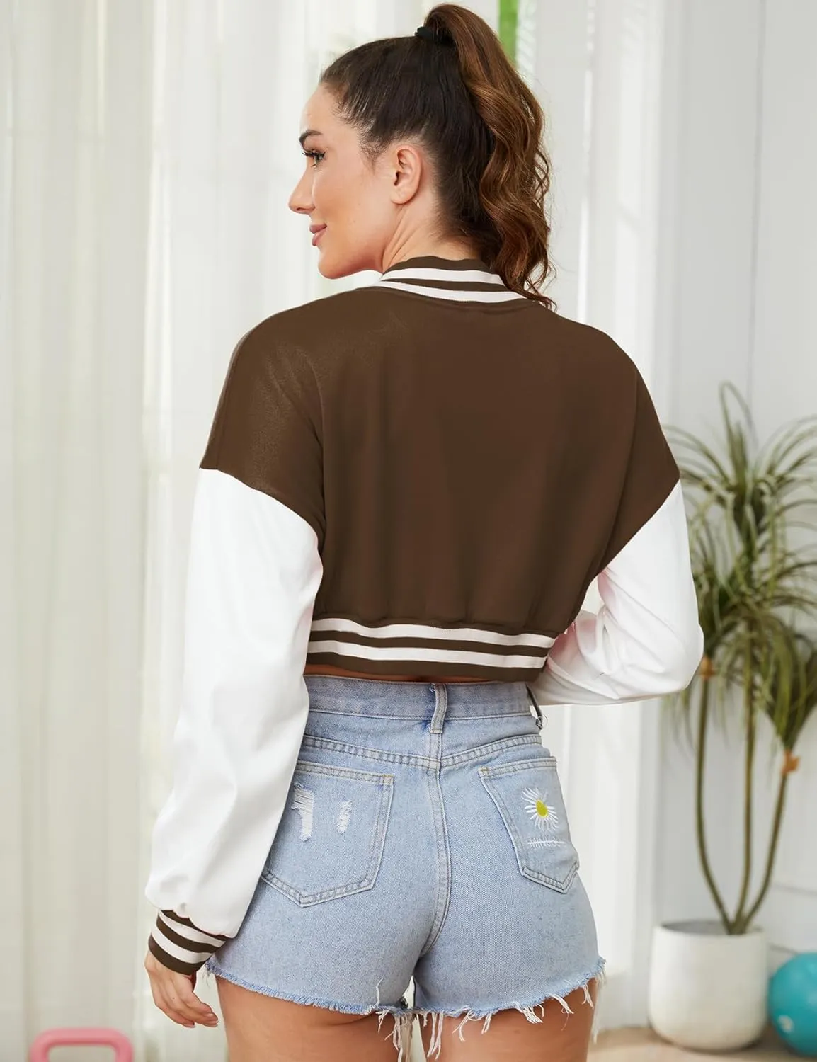 Arssm Women Cropped Varsity Jacket Spring Letterman Baseball Faux Leather Colorblock Bomber Jacket Outerwear