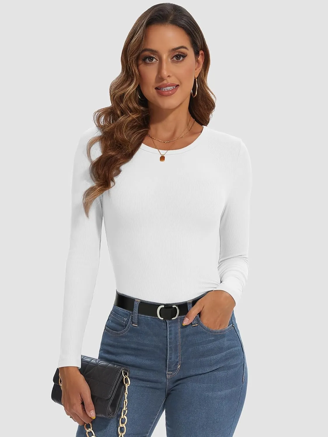 ATHMILE Womens Long Sleeve Crewneck Ribbed Tops Fitted Stretch Casual Basic T Shirts 2025