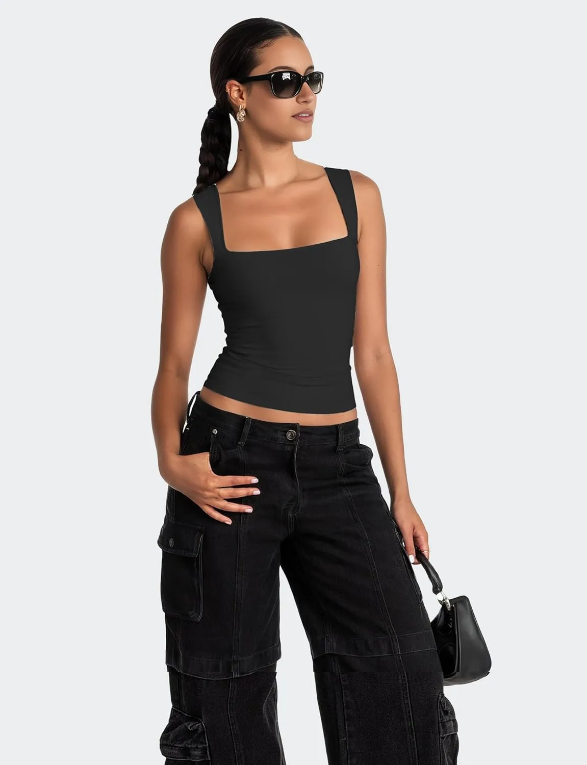 AURUZA Square Neck Tank Tops for Women, Sleeveless Double Lined Tops for Women Sexy Going Out Top Trendy Basic Fitted Shirts