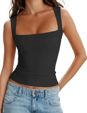 AURUZA Square Neck Tank Tops for Women, Sleeveless Double Lined Tops for Women Sexy Going Out Top Trendy Basic Fitted Shirts