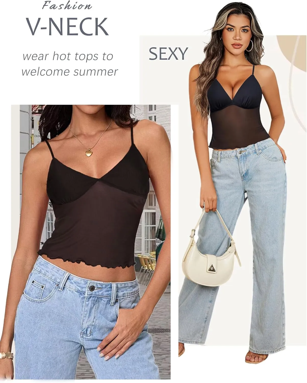 Avidlove Sexy Sheer Tops for Women Mesh Crop Tops See Through V Neck Cami Spaghetti Strap Sleeveless Tank Top