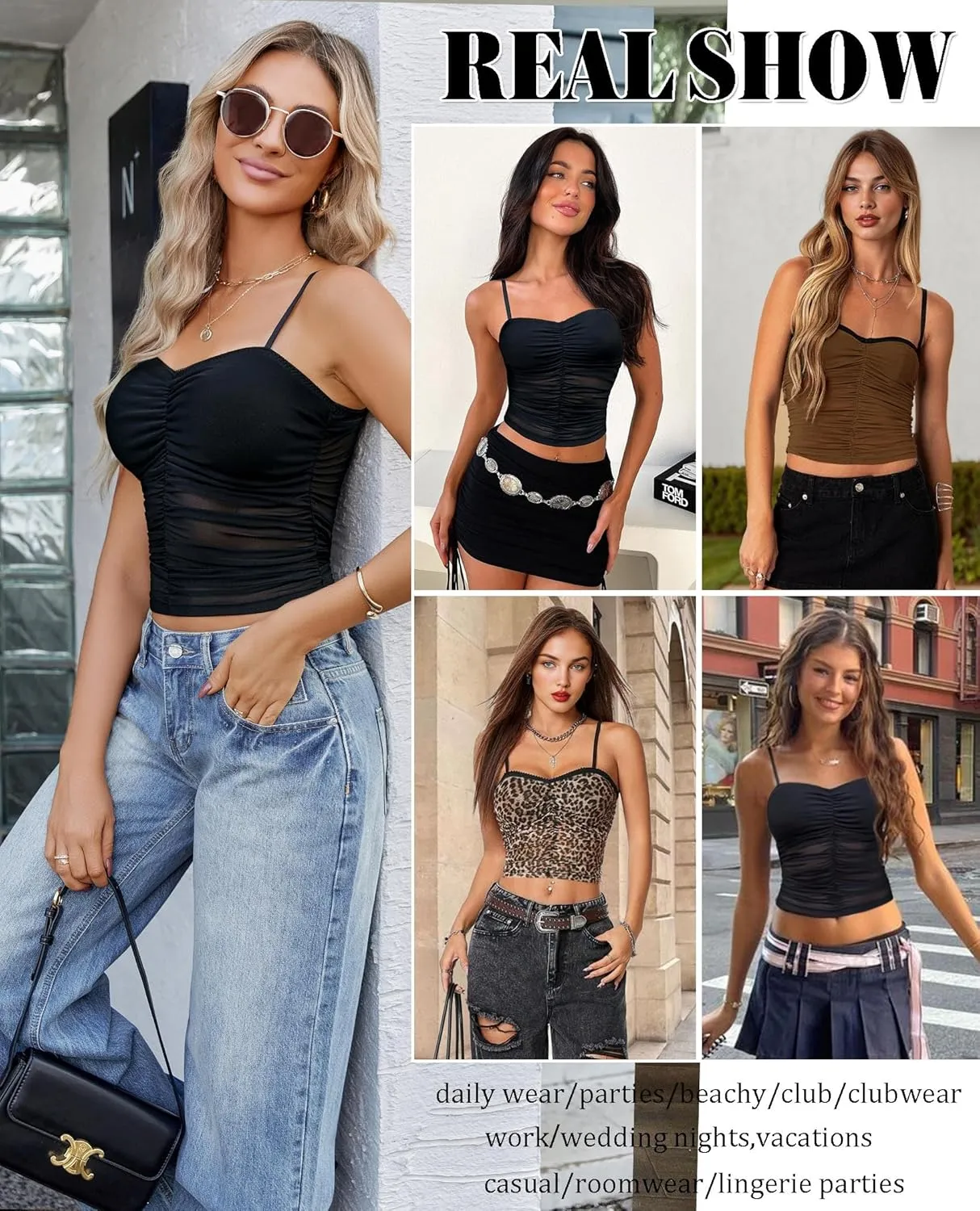 Avidlove Sexy Tops for Women Y2K Tank Top Sleeveless Camisole Cami Mesh Crop Trendy Ruched Going Out Tops