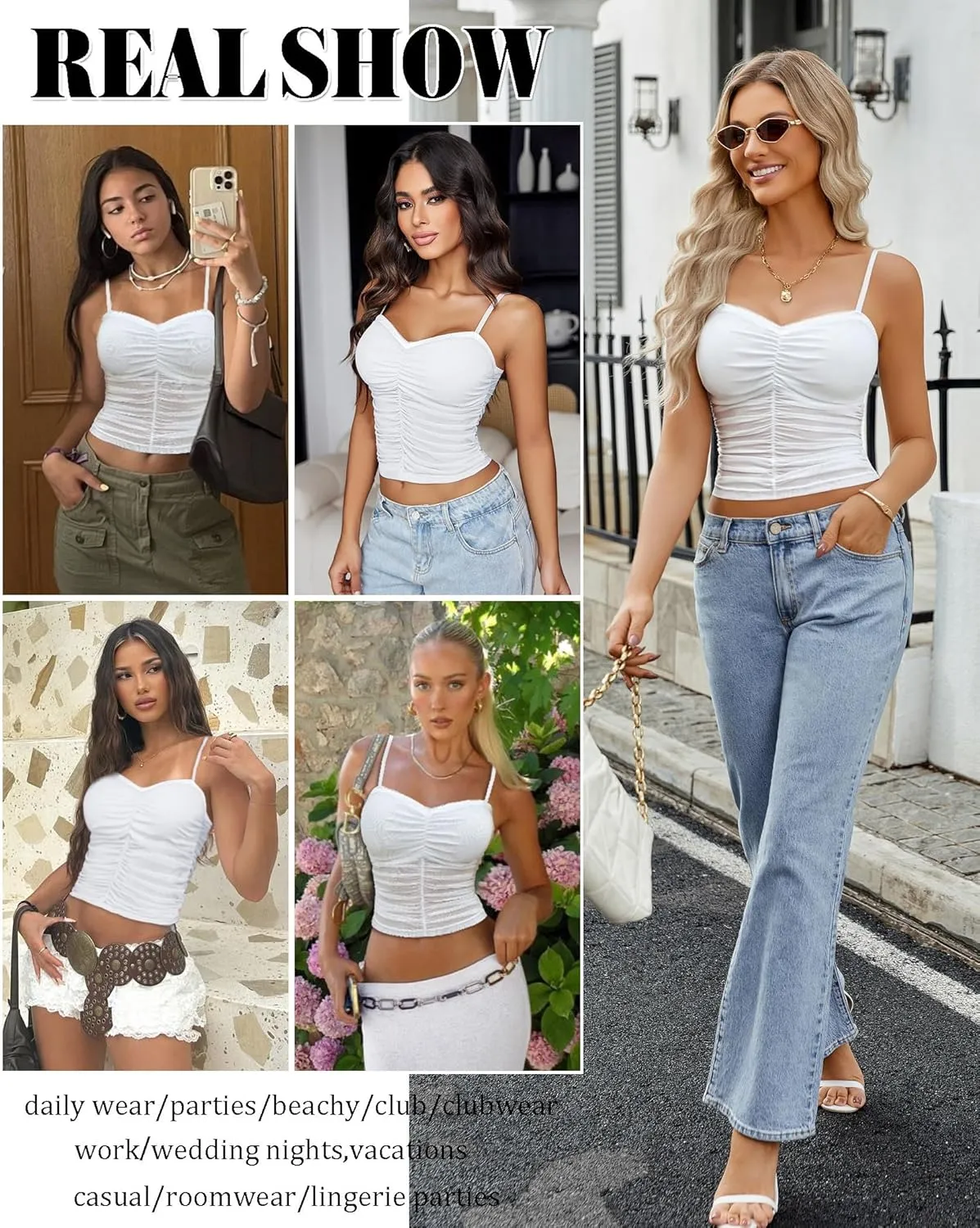 Avidlove Sexy Tops for Women Y2K Tank Top Sleeveless Camisole Cami Mesh Crop Trendy Ruched Going Out Tops