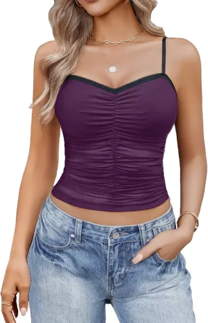 Avidlove Sexy Tops for Women Y2K Tank Top Sleeveless Camisole Cami Mesh Crop Trendy Ruched Going Out Tops