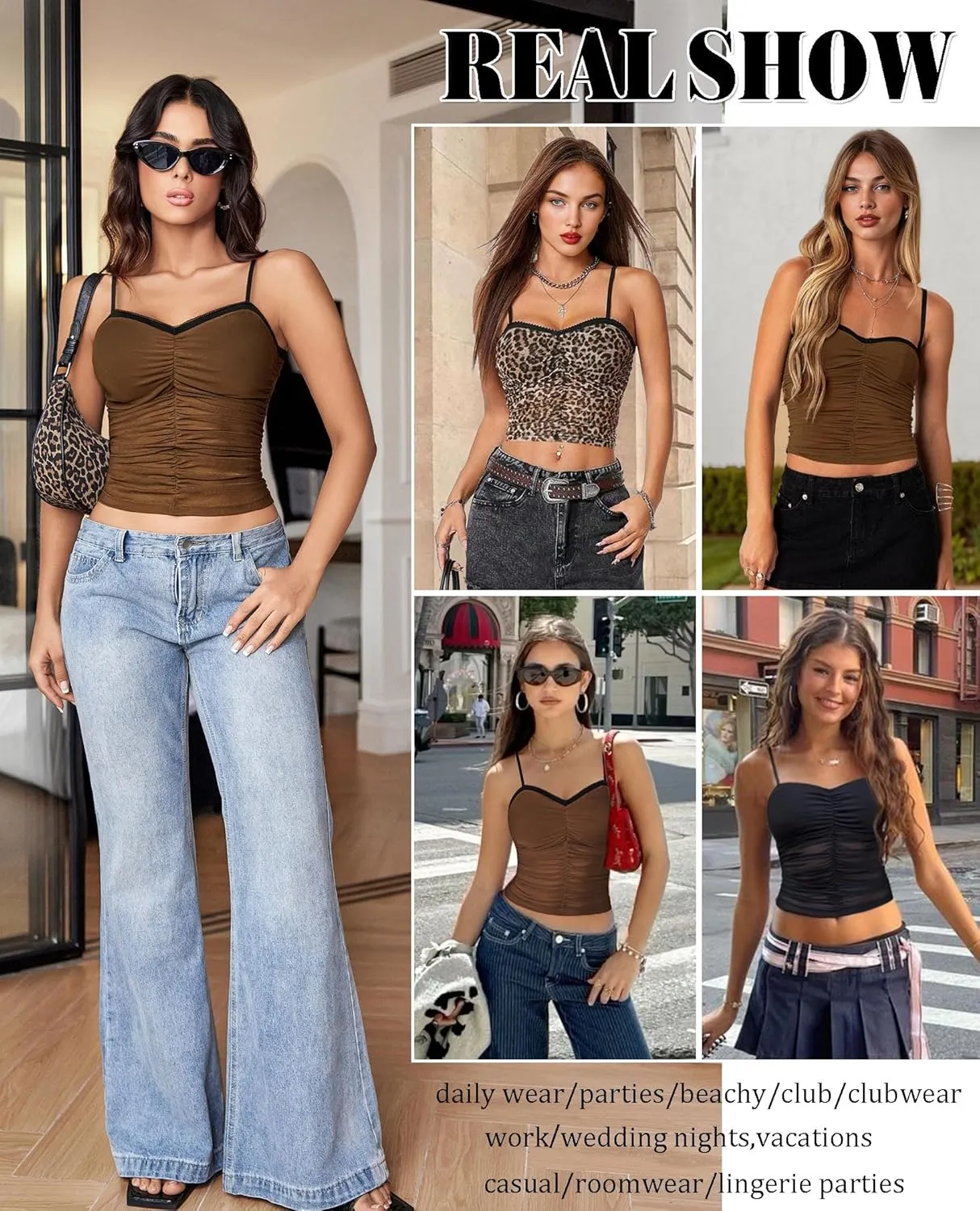 Avidlove Sexy Tops for Women Y2K Tank Top Sleeveless Camisole Cami Mesh Crop Trendy Ruched Going Out Tops