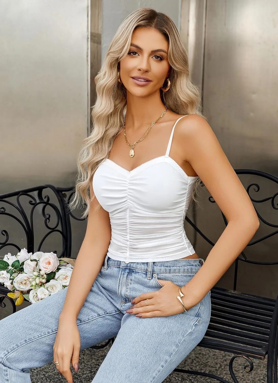 Avidlove Sexy Tops for Women Y2K Tank Top Sleeveless Camisole Cami Mesh Crop Trendy Ruched Going Out Tops
