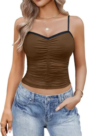 Avidlove Sexy Tops for Women Y2K Tank Top Sleeveless Camisole Cami Mesh Crop Trendy Ruched Going Out Tops