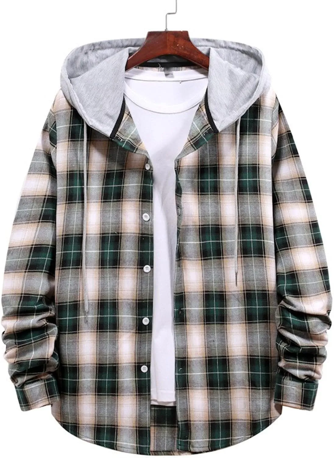 Aymnlox Hoodies for Men Fashion Long Sleeve Plaid Button Shirts Jacket With Hood Casual Stylish Drawstring Sweatshirts 2024