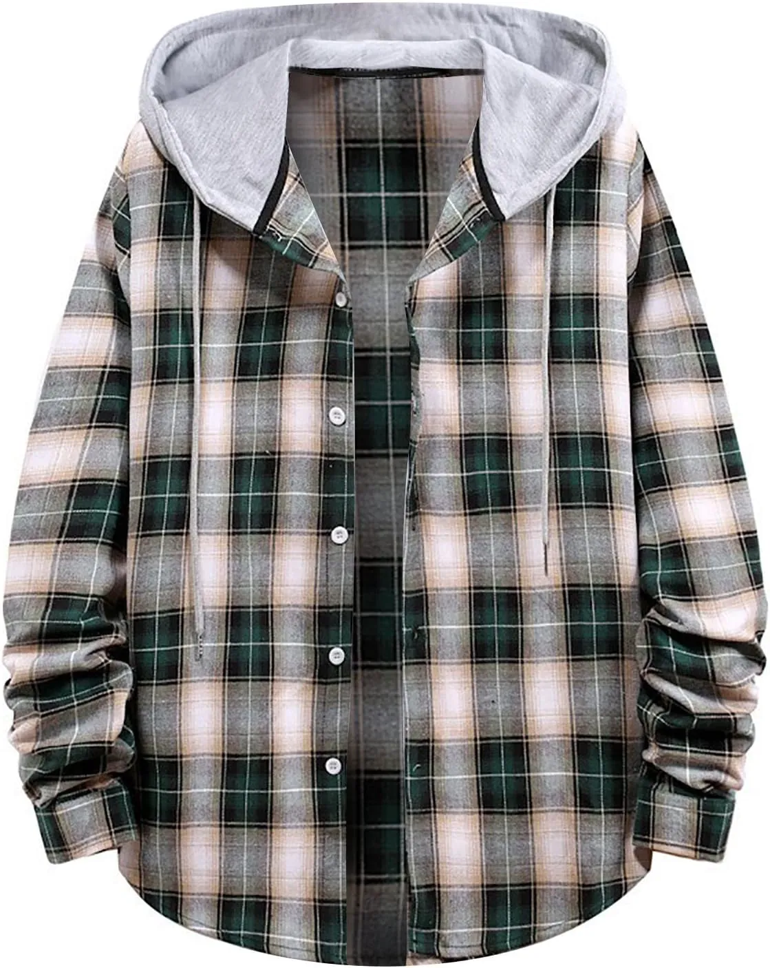 Aymnlox Hoodies for Men Fashion Long Sleeve Plaid Button Shirts Jacket With Hood Casual Stylish Drawstring Sweatshirts 2024