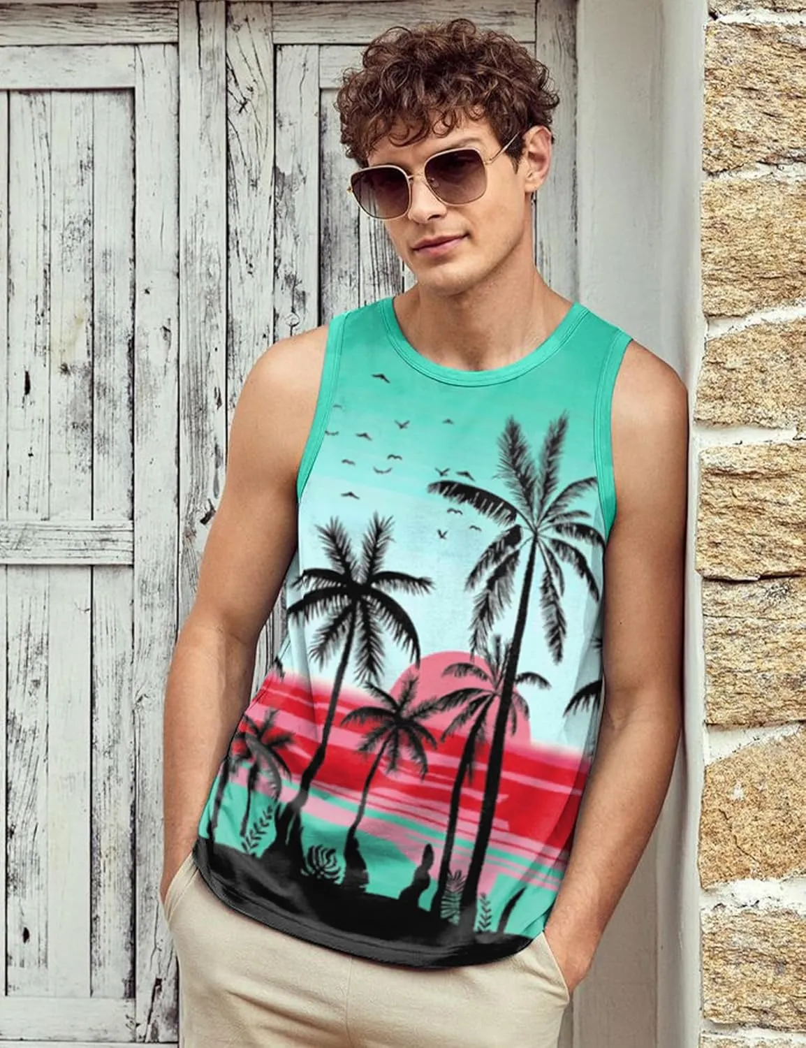 Babioboa Men's Hawaiian Tank Tops Tropical Funky Floral Beach Tops Sleeveless Basic T-Shirt Breathable Aloha Tee Summer