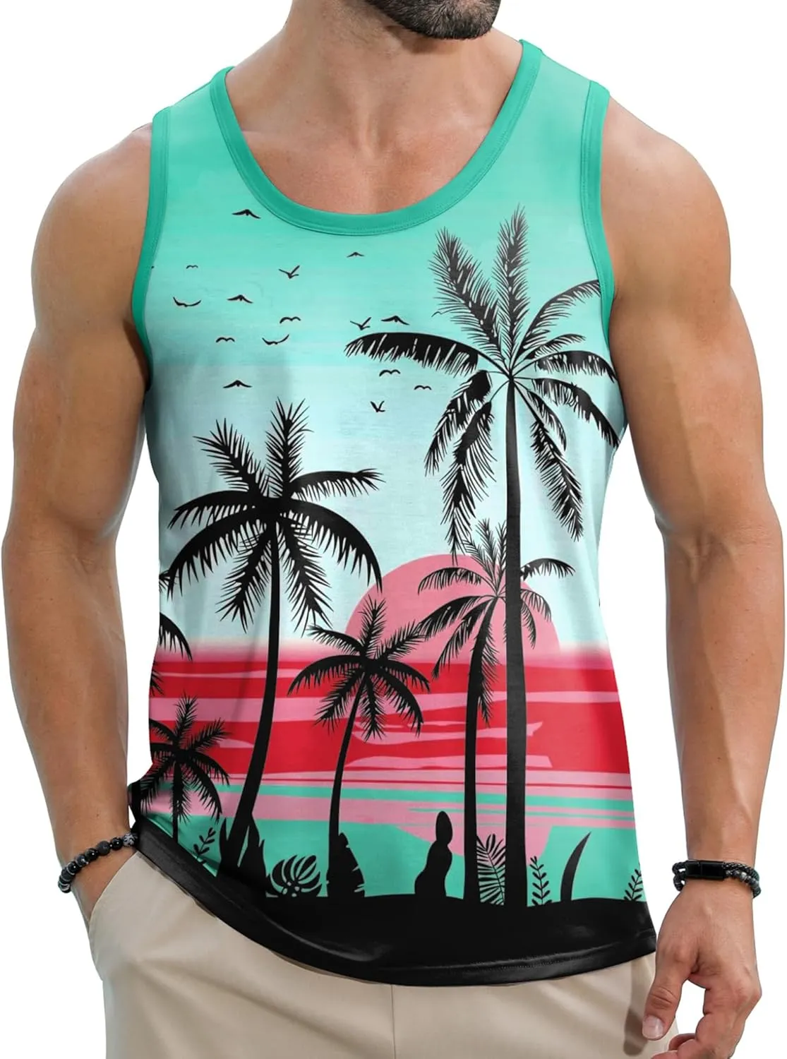 Babioboa Men's Hawaiian Tank Tops Tropical Funky Floral Beach Tops Sleeveless Basic T-Shirt Breathable Aloha Tee Summer