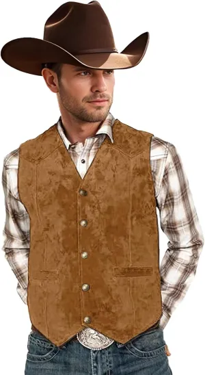 Bakerbear Retro Men's Cowboy Vest Western Suede Leather Dress Suit Vests Waistcoat for Wedding