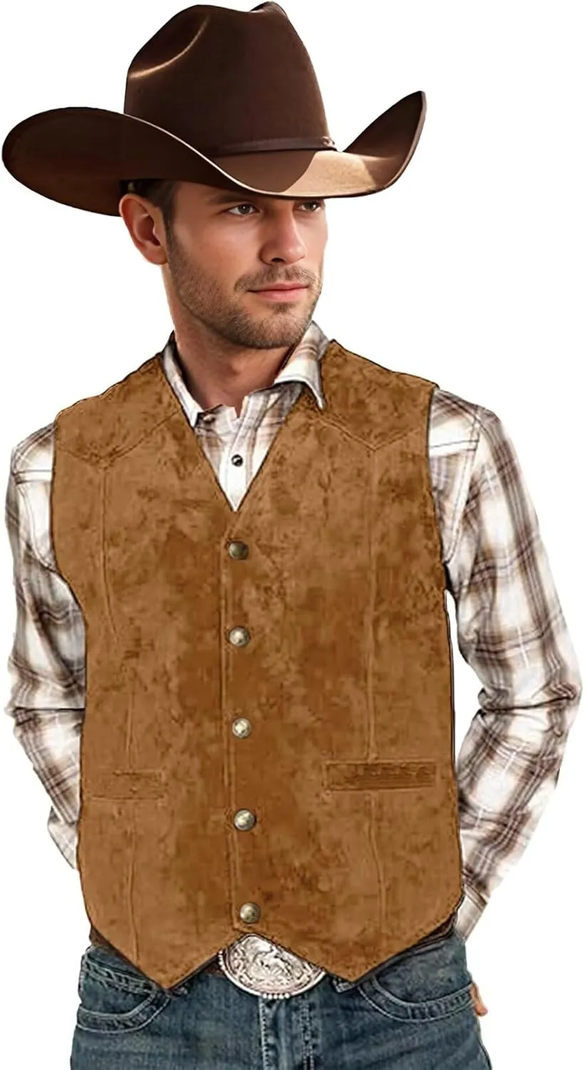 Bakerbear Retro Men's Cowboy Vest Western Suede Leather Dress Suit Vests Waistcoat for Wedding