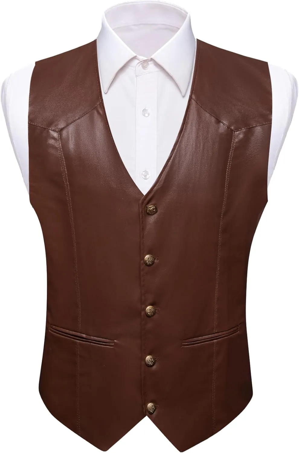 Barry.Wang Mens Leather Suit Vests Casual Western Cowboy Vest V-neck Jacket Lightweight Waistcoat