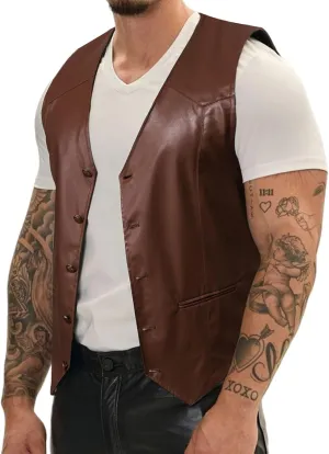 Barry.Wang Mens Leather Suit Vests Casual Western Cowboy Vest V-neck Jacket Lightweight Waistcoat