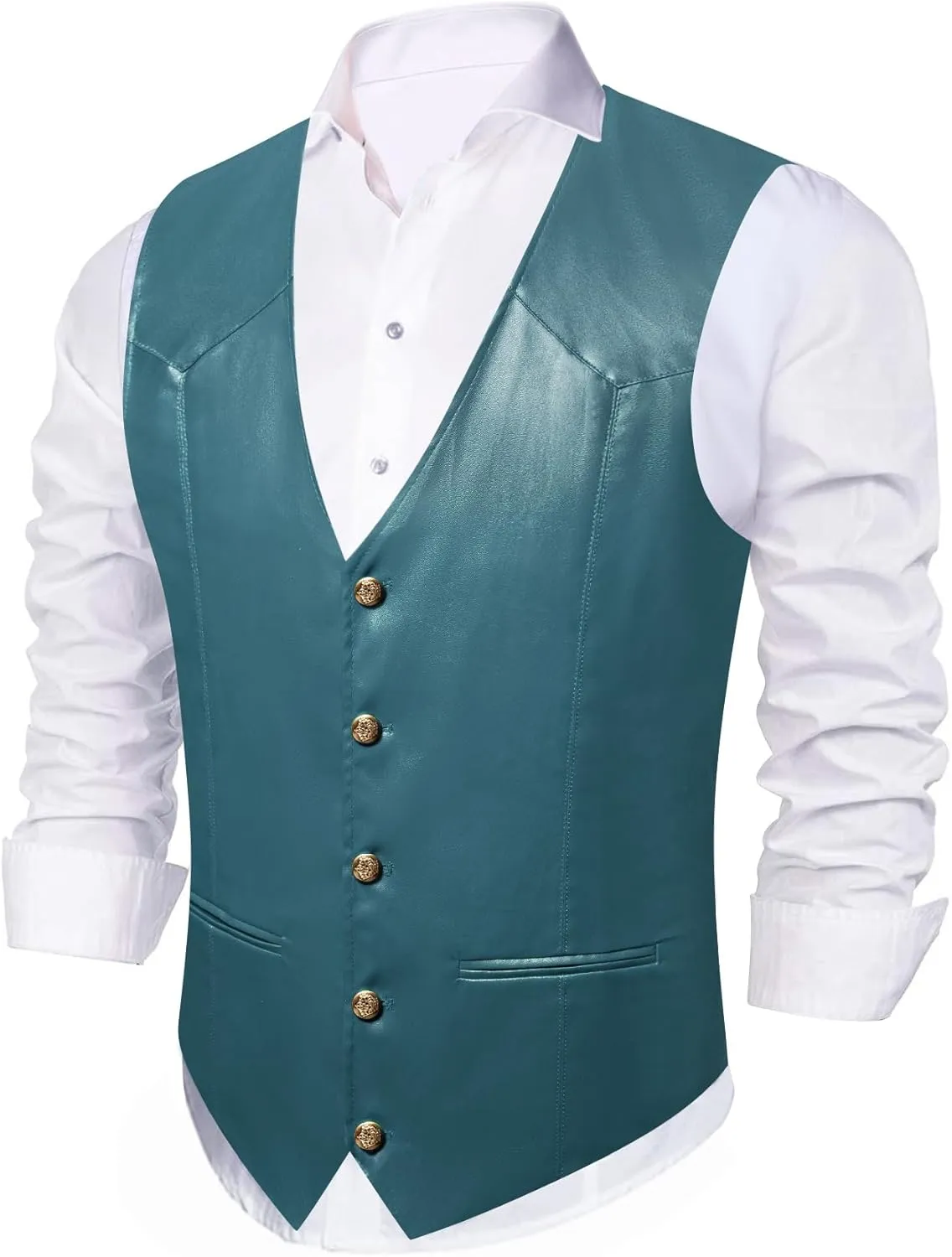 Barry.Wang Mens Leather Suit Vests Casual Western Cowboy Vest V-neck Jacket Lightweight Waistcoat