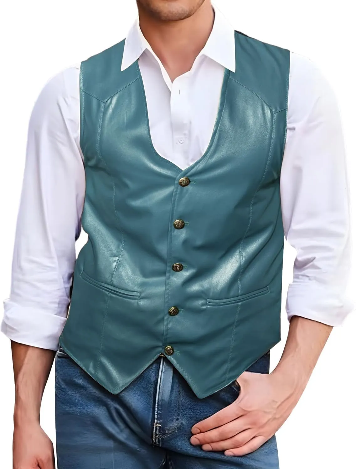 Barry.Wang Mens Leather Suit Vests Casual Western Cowboy Vest V-neck Jacket Lightweight Waistcoat