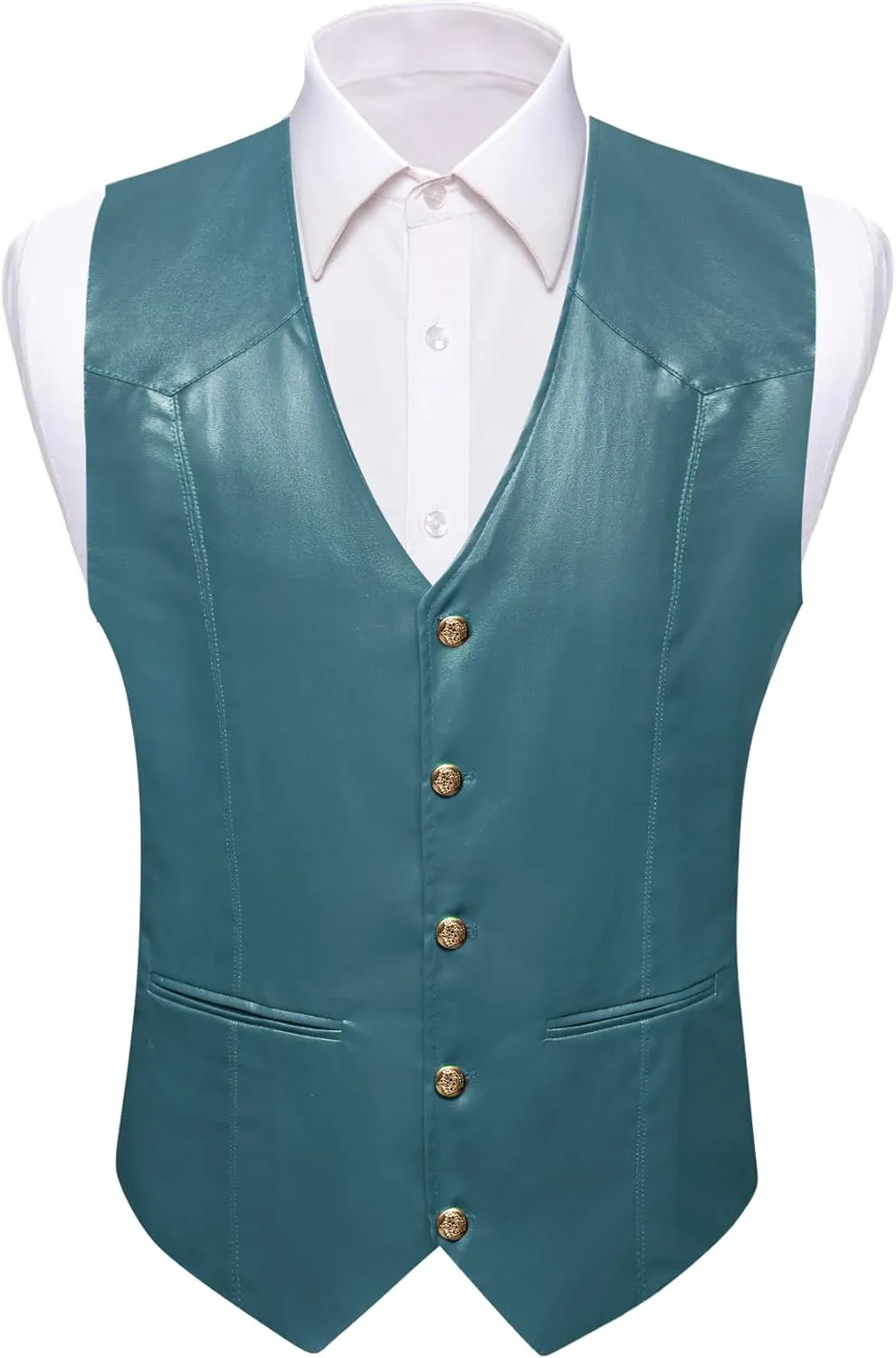 Barry.Wang Mens Leather Suit Vests Casual Western Cowboy Vest V-neck Jacket Lightweight Waistcoat