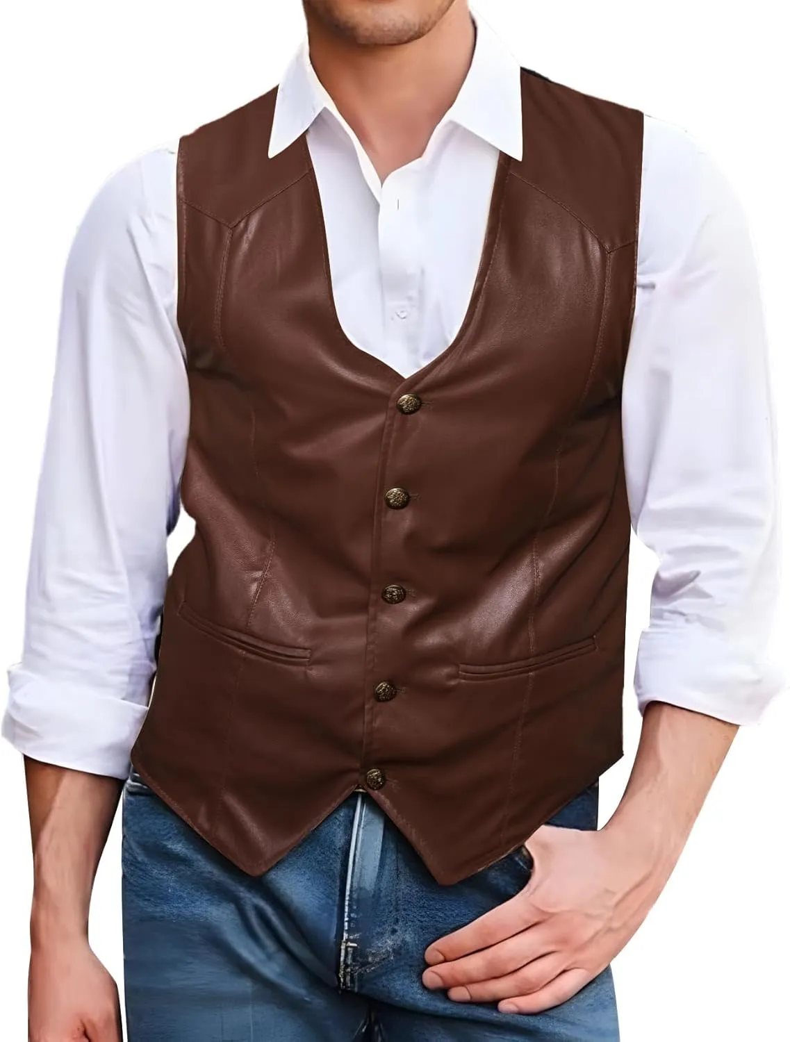 Barry.Wang Mens Leather Suit Vests Casual Western Cowboy Vest V-neck Jacket Lightweight Waistcoat