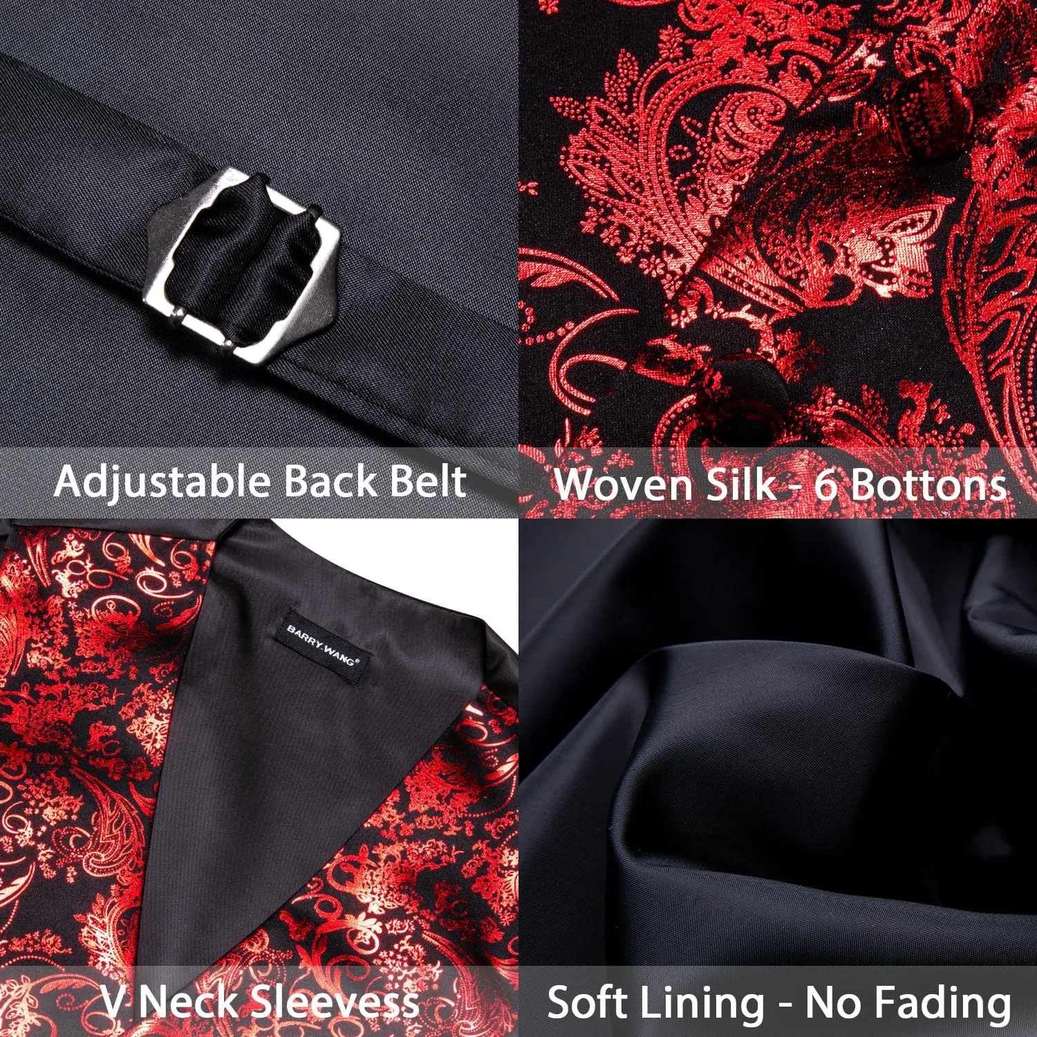 Barry.Wang Mens Shiny Disco Vests Party Nightclub Paisley Metallic Gothic Vest Tie Handkerchief Cufflink Clip Brooch 6PCS