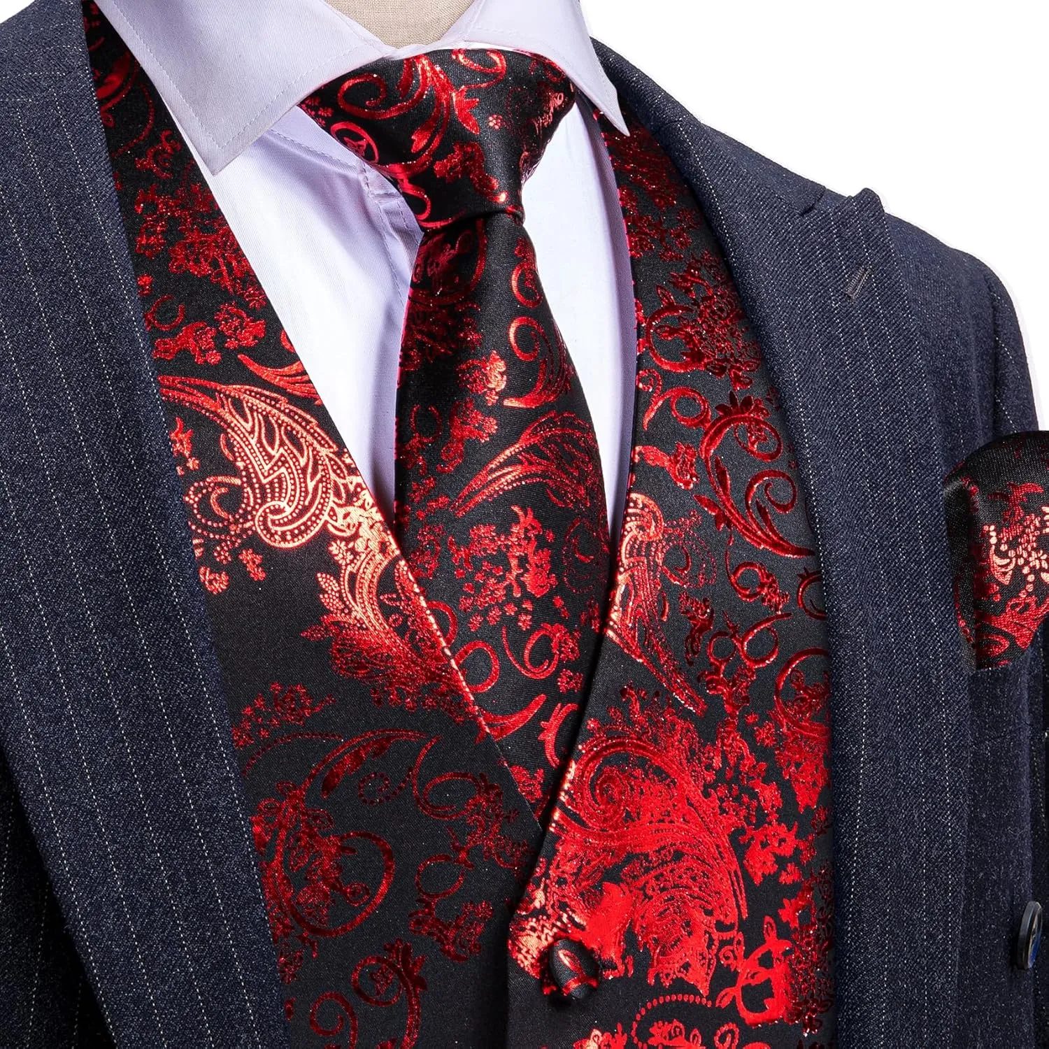 Barry.Wang Mens Shiny Disco Vests Party Nightclub Paisley Metallic Gothic Vest Tie Handkerchief Cufflink Clip Brooch 6PCS