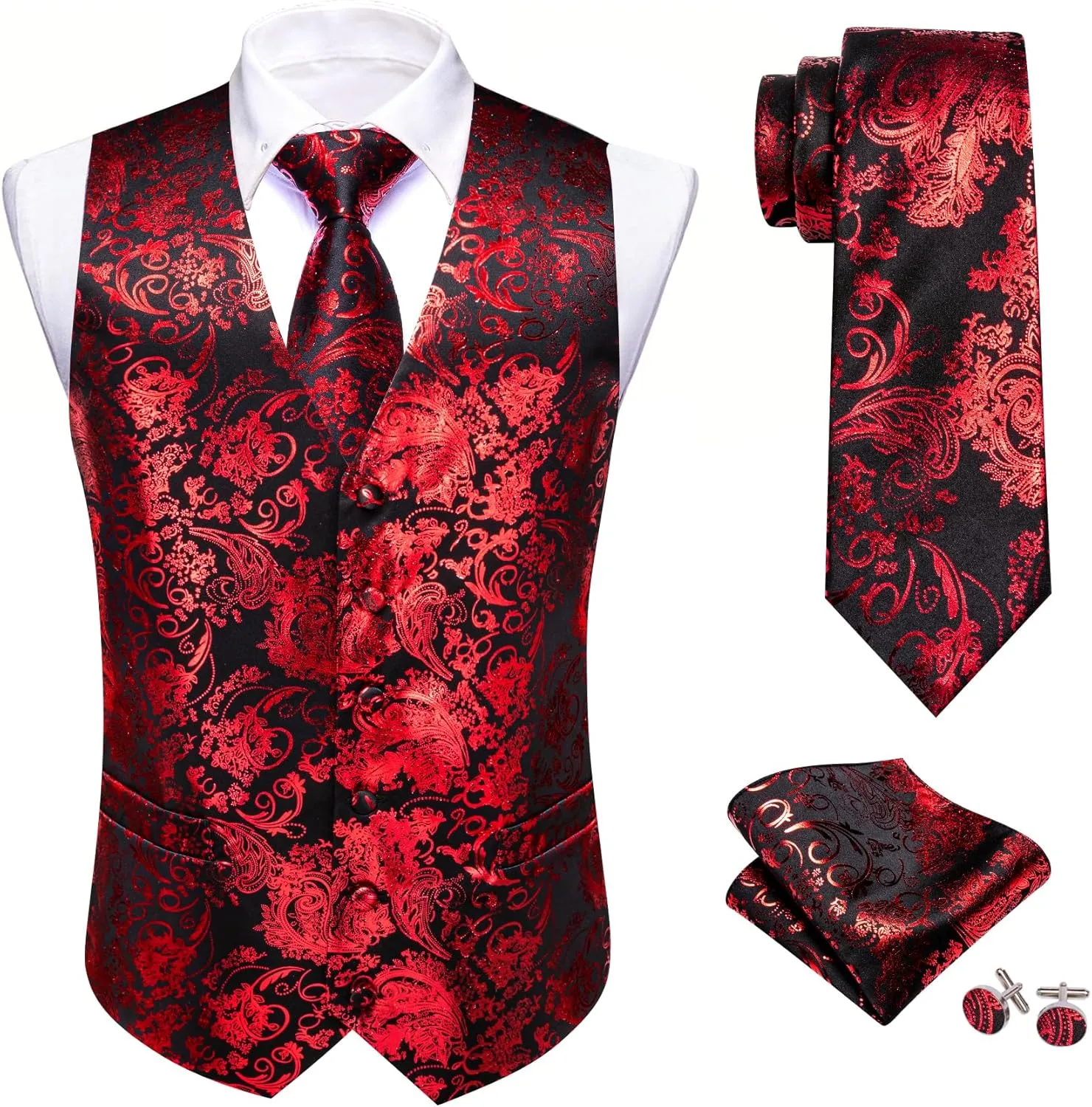 Barry.Wang Mens Shiny Disco Vests Party Nightclub Paisley Metallic Gothic Vest Tie Handkerchief Cufflink Clip Brooch 6PCS