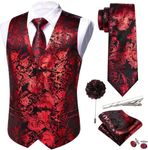 Barry.Wang Mens Shiny Disco Vests Party Nightclub Paisley Metallic Gothic Vest Tie Handkerchief Cufflink Clip Brooch 6PCS
