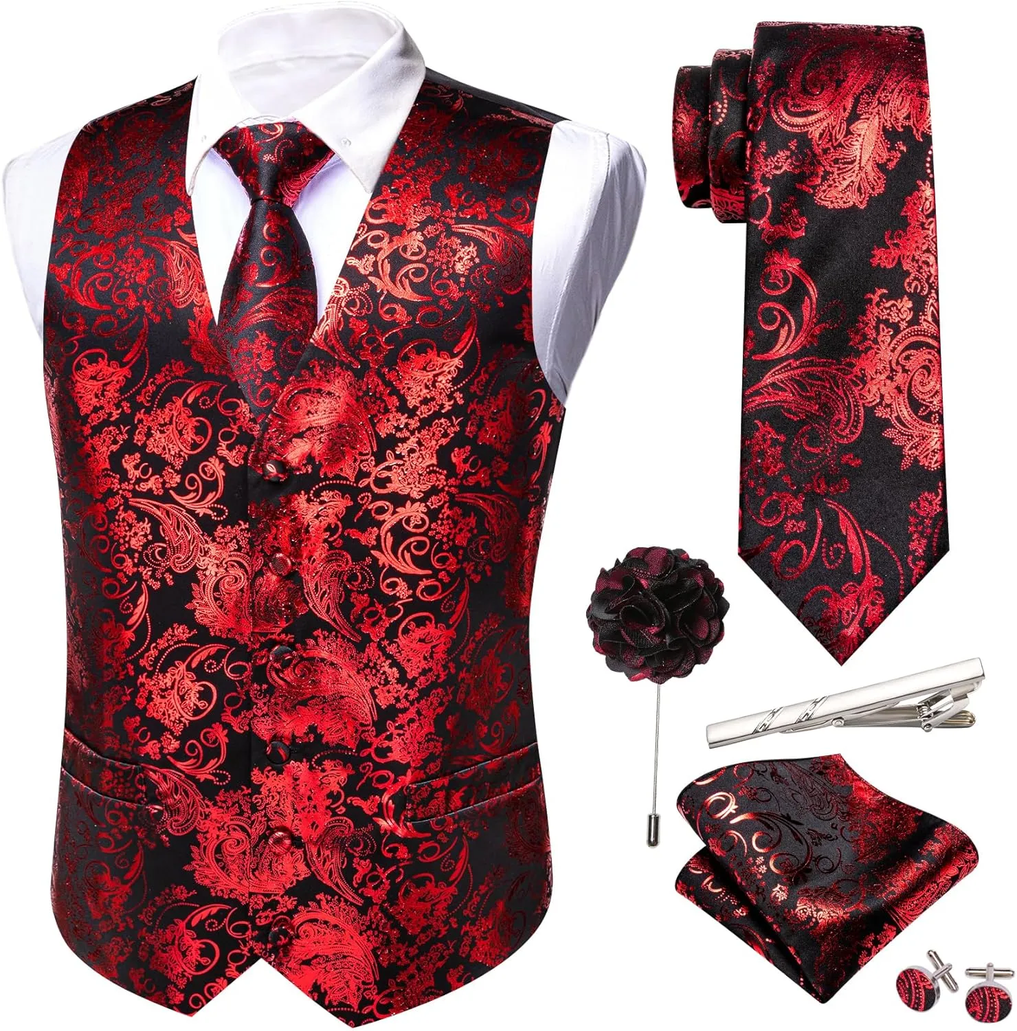 Barry.Wang Mens Shiny Disco Vests Party Nightclub Paisley Metallic Gothic Vest Tie Handkerchief Cufflink Clip Brooch 6PCS