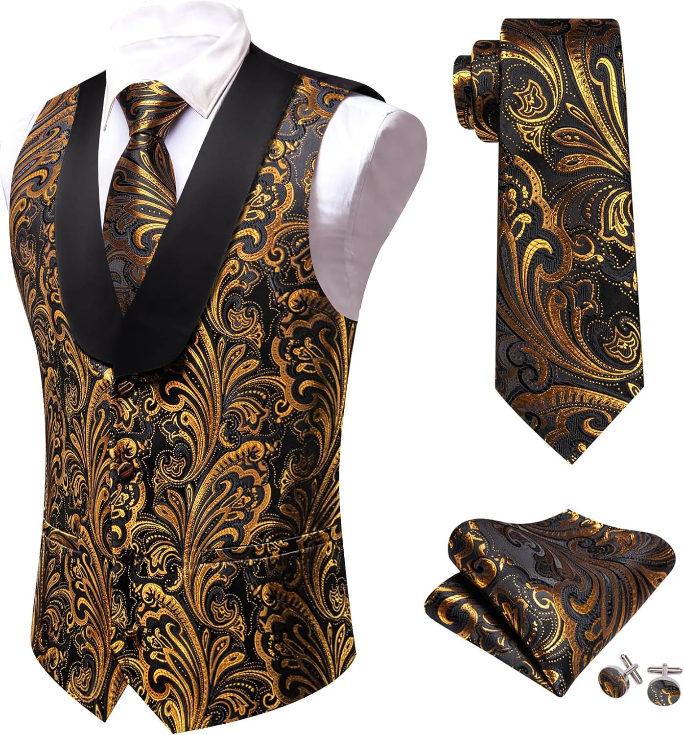 Barry.Wang Mens Silk Lapel/Shawl Collar Vest Tie Sleeve Holder Set Formal/Casual Paisley Vests Wedding Tuxedo Waistcoat