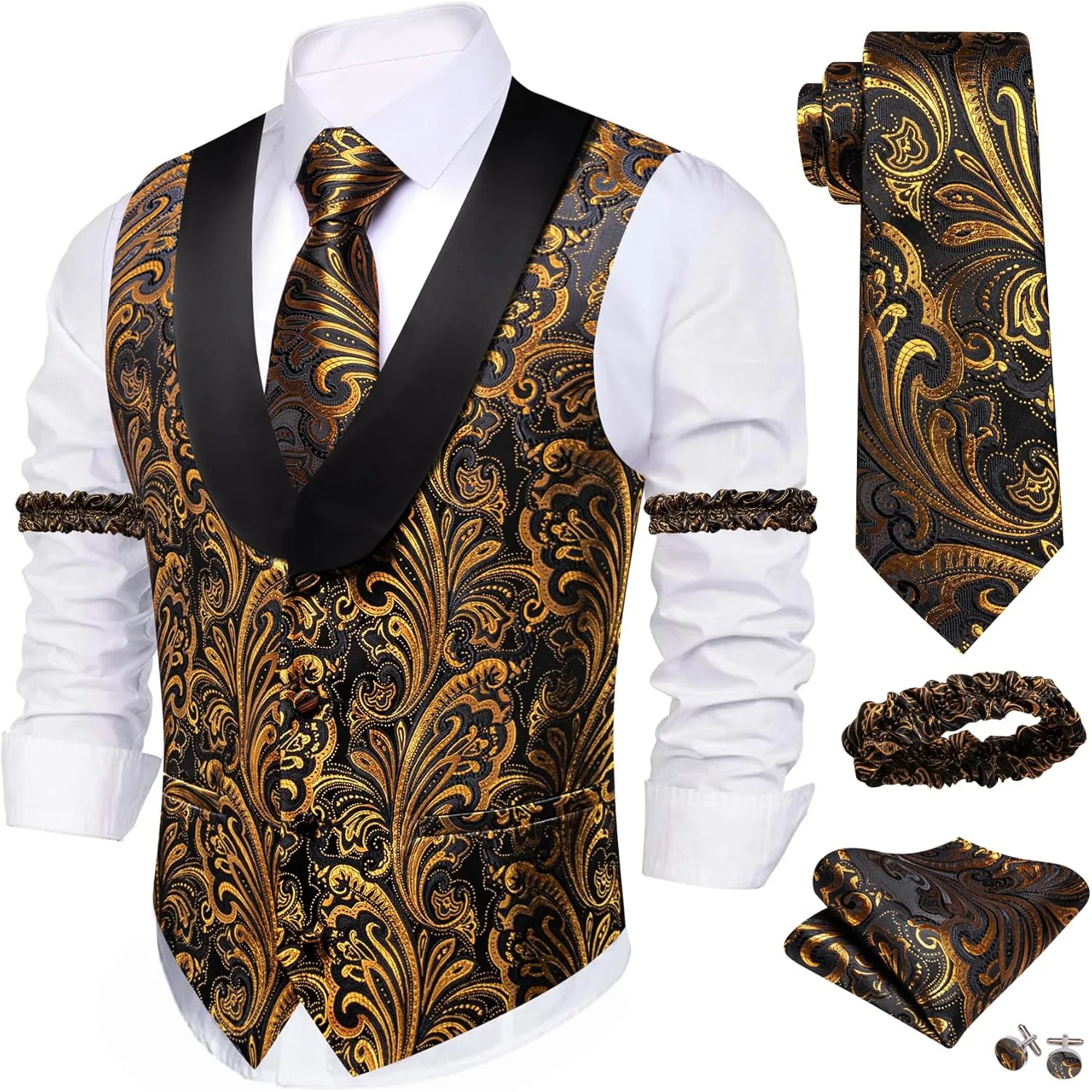 Barry.Wang Mens Silk Lapel/Shawl Collar Vest Tie Sleeve Holder Set Formal/Casual Paisley Vests Wedding Tuxedo Waistcoat