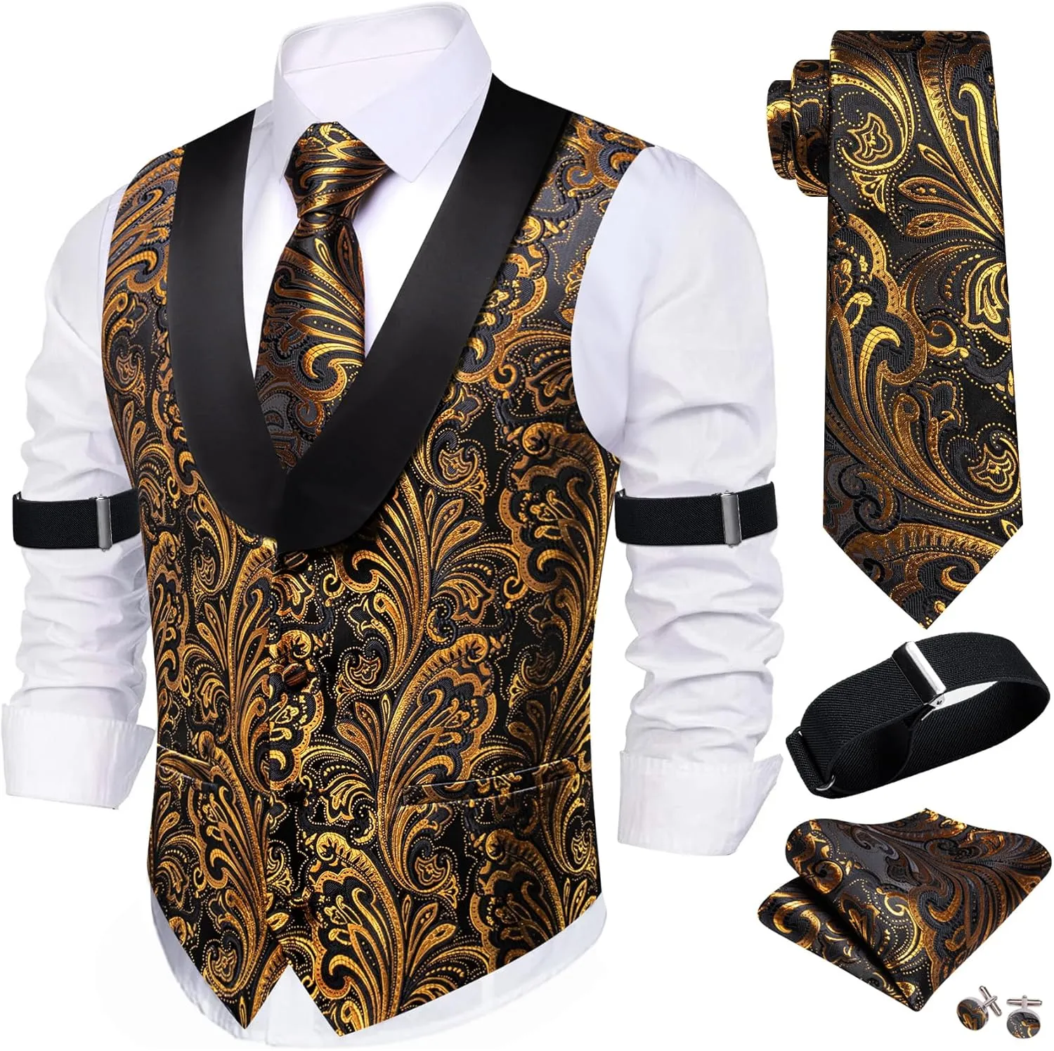 Barry.Wang Mens Silk Lapel/Shawl Collar Vest Tie Sleeve Holder Set Formal/Casual Paisley Vests Wedding Tuxedo Waistcoat