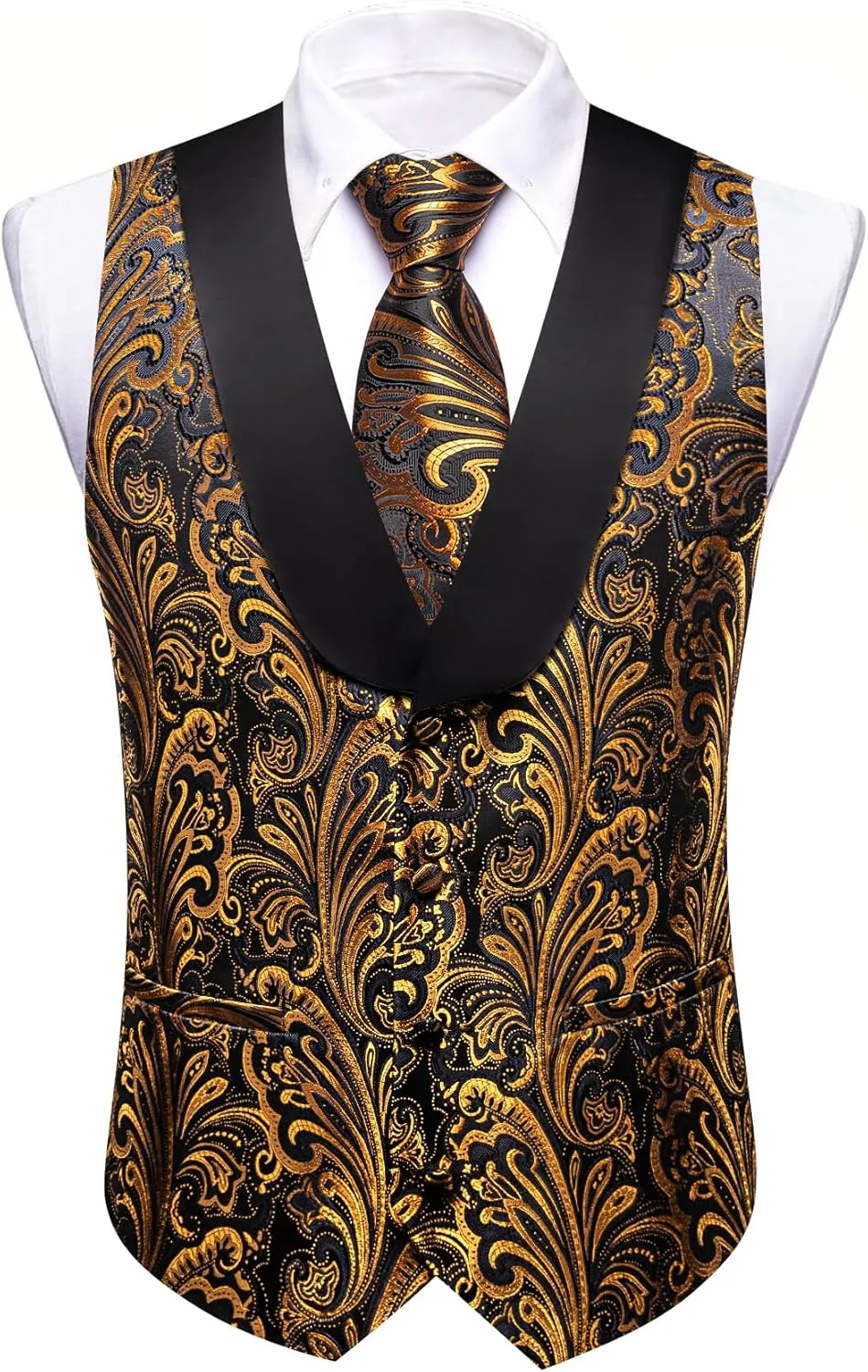 Barry.Wang Mens Silk Lapel/Shawl Collar Vest Tie Sleeve Holder Set Formal/Casual Paisley Vests Wedding Tuxedo Waistcoat