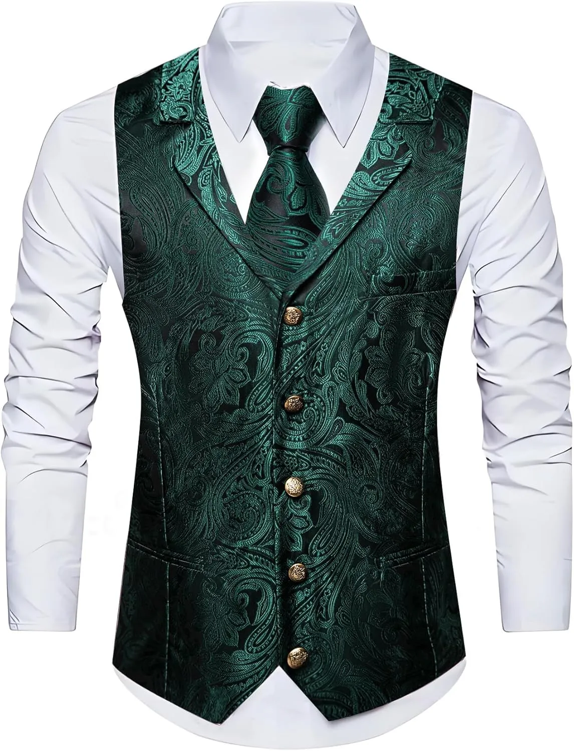 Barry.Wang Mens Silk Lapel/Shawl Collar Vest Tie Sleeve Holder Set Formal/Casual Paisley Vests Wedding Tuxedo Waistcoat