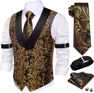 Barry.Wang Mens Silk Lapel/Shawl Collar Vest Tie Sleeve Holder Set Formal/Casual Paisley Vests Wedding Tuxedo Waistcoat